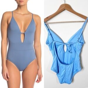 Becca Blue Plunge V-Neck Cutout Open Back One Piece Swimsuit Size Small